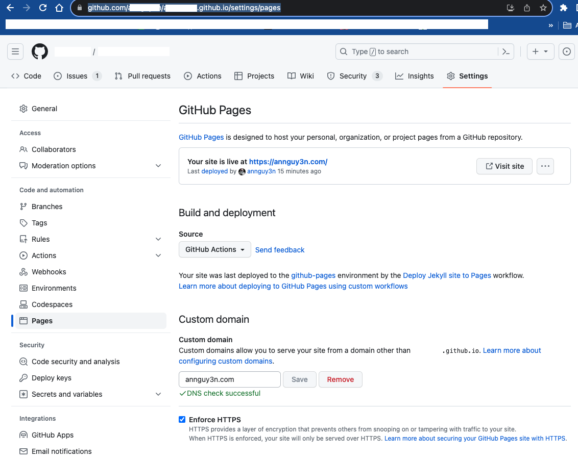 Github Pages Settings page